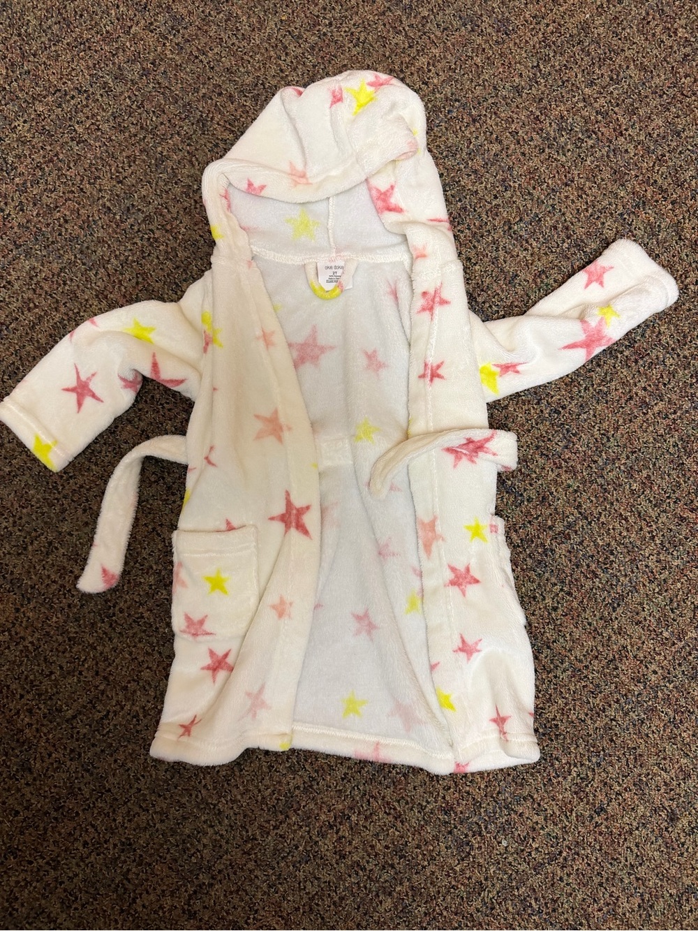 okie dokie White Plush Hooded Robe with Pink & Yellow Stars